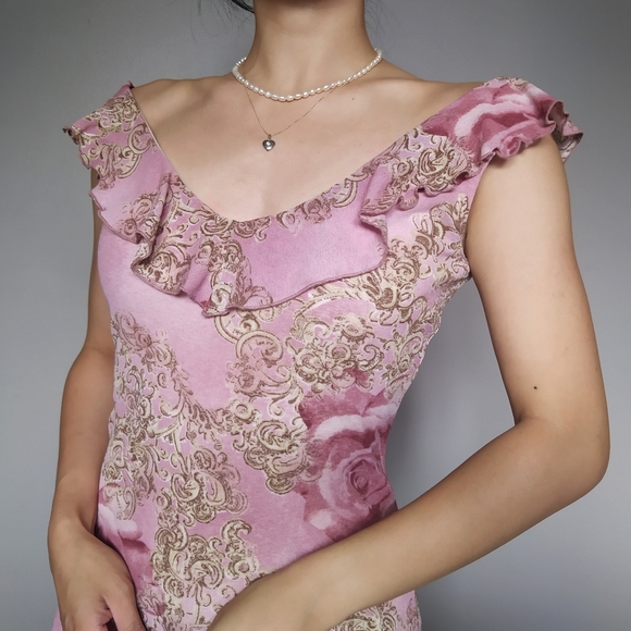 Vintage Pink Floral Mesh Overlay Dress